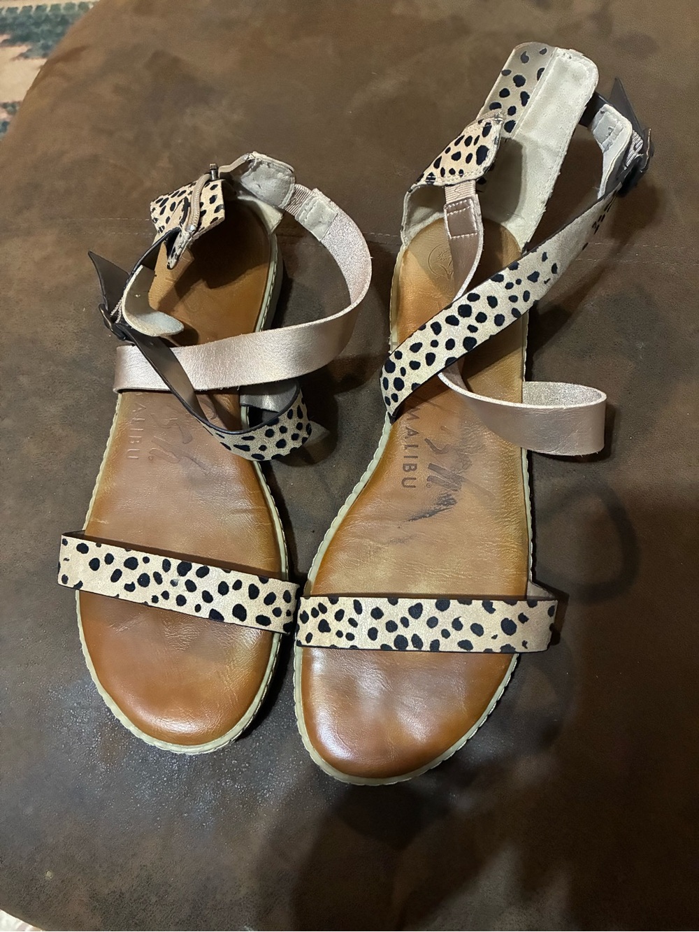 Blowfish Tan Leather & Black-Spotted Strappy Sandals